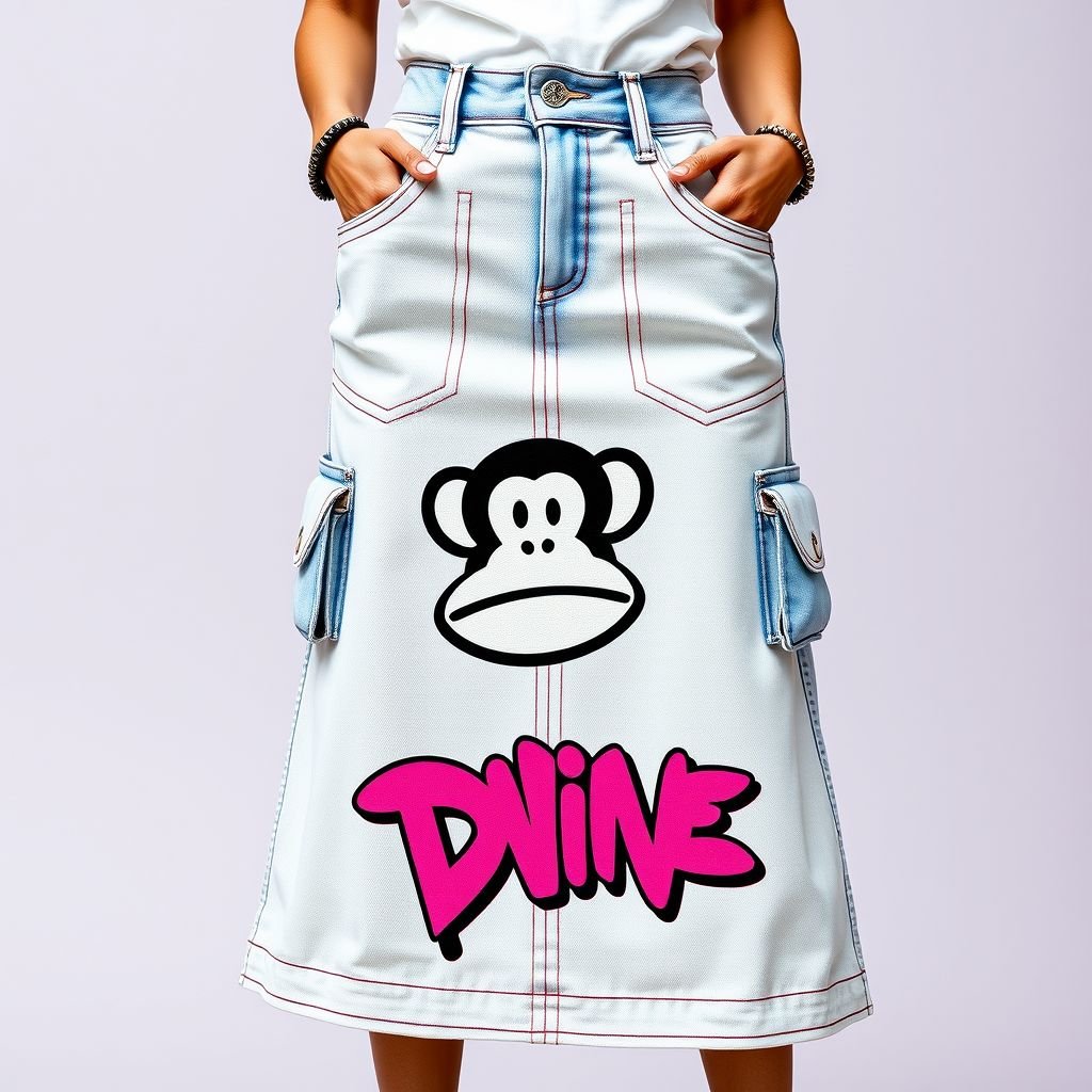 Do a collab with my brand “Da’Vine” or “DV” and “Paul frank” with the monkey symbol. Create a Maxi denim skirt and create a design for the collab on it! With “DV” somewhere on it. Make it pink and white
Design a bold maxi denim skirt that merges streetwear vibes with a playful twist. Incorporate “Da’Vine” and “DV” branding in a graffiti-style font, featuring Paul Frank’s iconic monkey symbol prominently on the front pocket. Choose a vibrant pink and crisp white color palette, complemented by oversized pockets and edgy stitching, embodying urban chic.