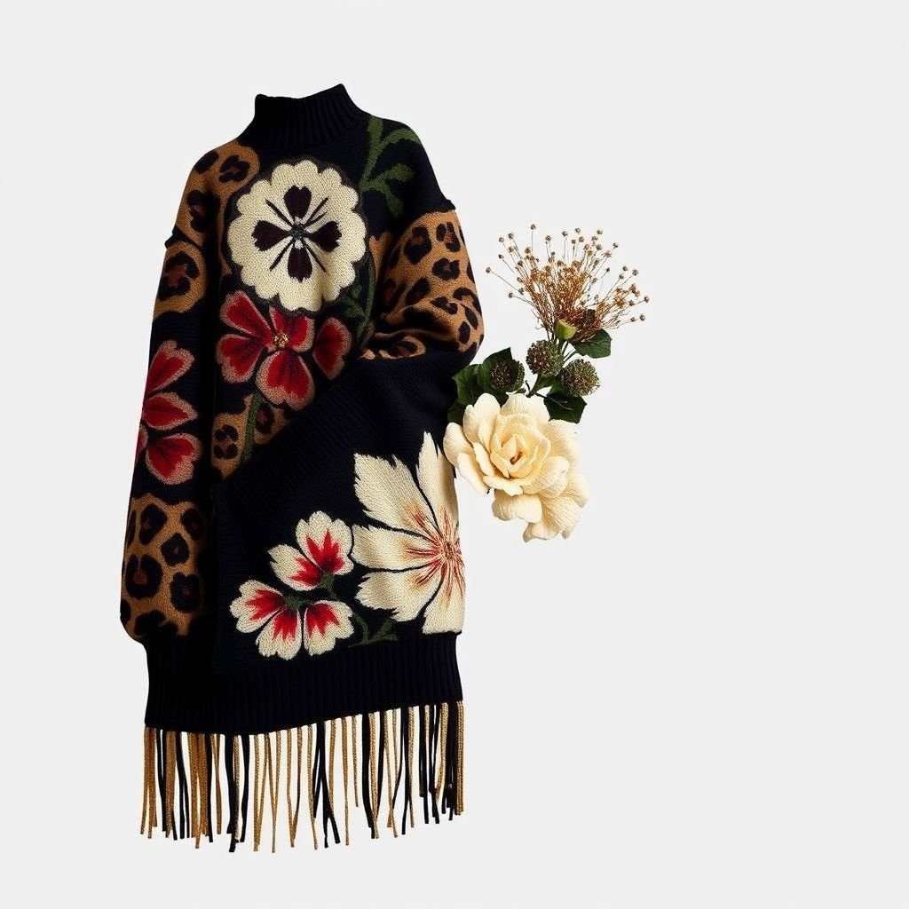 Jaquard maculato su maglieria
Imagine a luxurious jacquard knitwear collection, blending bold leopard print with intricate floral motifs. The fashion style fuses contemporary streetwear with high couture, featuring oversized silhouettes and rich, textured fabrics. Add eye-catching metallic threads and cascading fringe for a playful edge, ensuring each piece captivates and empowers the modern individual.