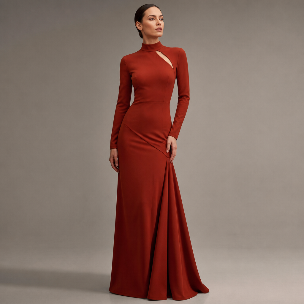 Wool Crepe. Rusty red.womans Dress. High collar, diagonal slit from shoulder across chest. Seem running diagonaly across hip from the back at the same angle as slit at the top. Seam stoppes at other hip. Skirt panel from seam sewn on the bias. But the skirtpanel from the other hip is one piece with rest of the garment.
photorealistic fashion design, Wool Crepe. Rusty red.womans Dress. High collar, diagonal slit from shoulder across chest. Seem running diagonaly across hip from the back at the same angle as slit at the top. Seam stoppes at other hip. Skirt panel from seam sewn on the bias. But the skirtpanel from the other hip is one piece with rest of the garment., formal style, just the design no text
