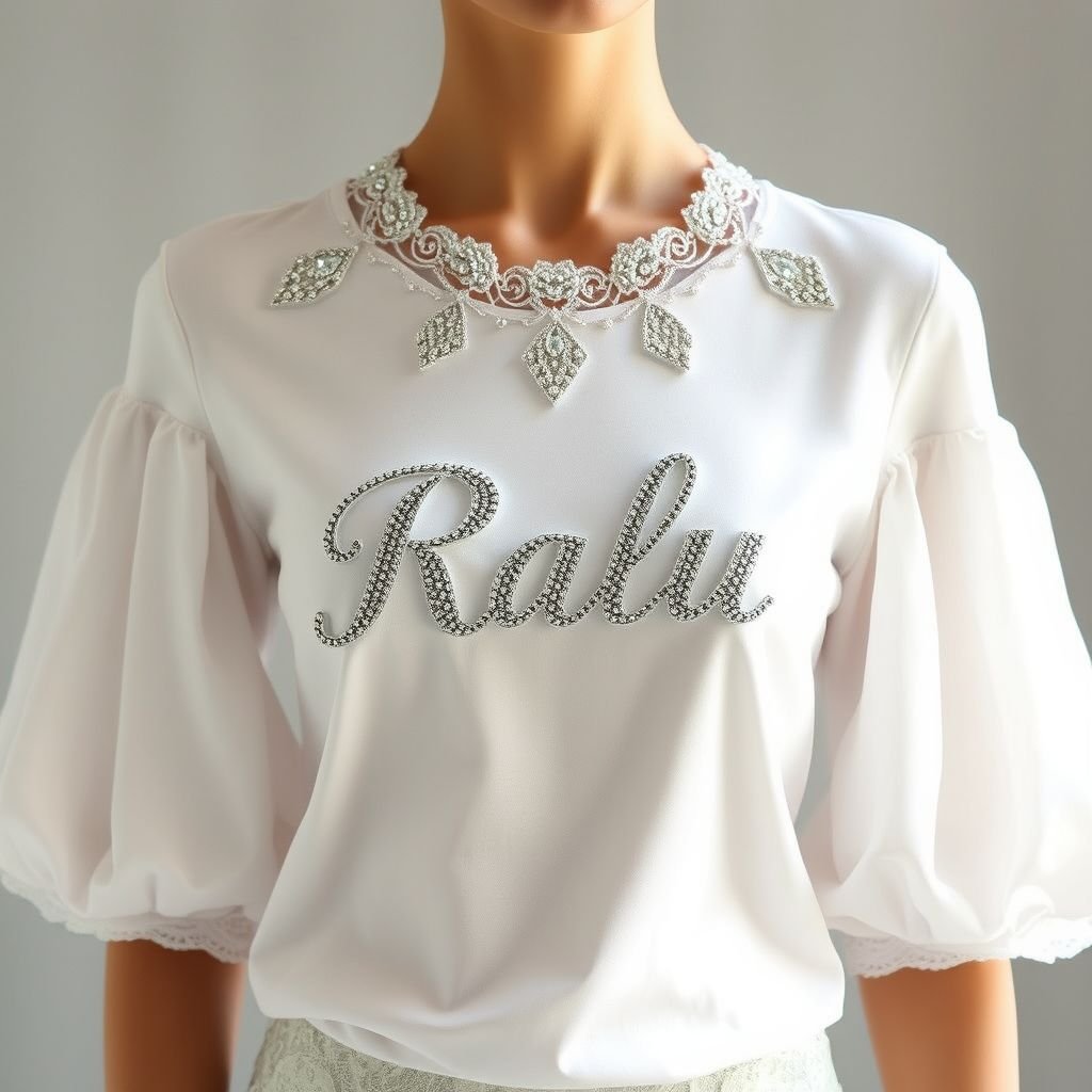 A t- shirt with the words ‘Ralu’ in ab crystals in front of the shirt and looking like luxury, designed for women, light weight Pima cotton and 5% nylon blend,
Imagine an exquisite haute couture t-shirt silhouette, delicately crafted from a lightweight Pima cotton and 5% nylon blend. The shirt features the name ‘Ralu’ dazzlingly adorned with opulent crystals, radiating luxury. Accentuate the neckline with intricate lace trim, and embrace the elegance of flowing sleeves that drape seamlessly, embodying sophistication.