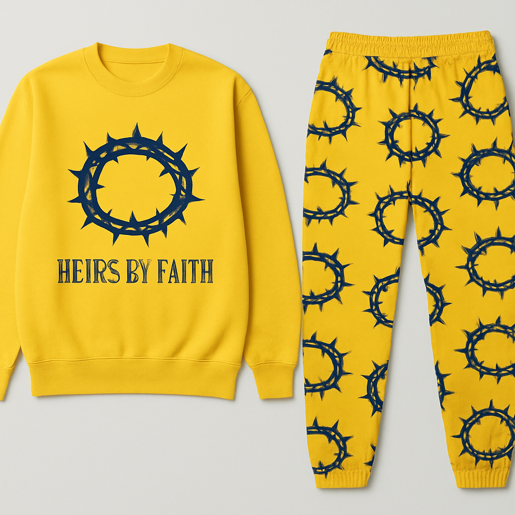 Yellow Jogging shirt with a navy blue thorned crown in the middle of the chest with text Heirs by Faith underneath. Yellow Jogging pants with navy blue thorned crowns repetitive pattern from top to bottom of pants front to back
Yellow Jogging shirt with a navy blue thorned crown in the middle of the chest with text Heirs by Faith underneath. Yellow Jogging pants with navy blue thorned crowns repetitive pattern from top to bottom of pants front to back, streetwear style, show front and back