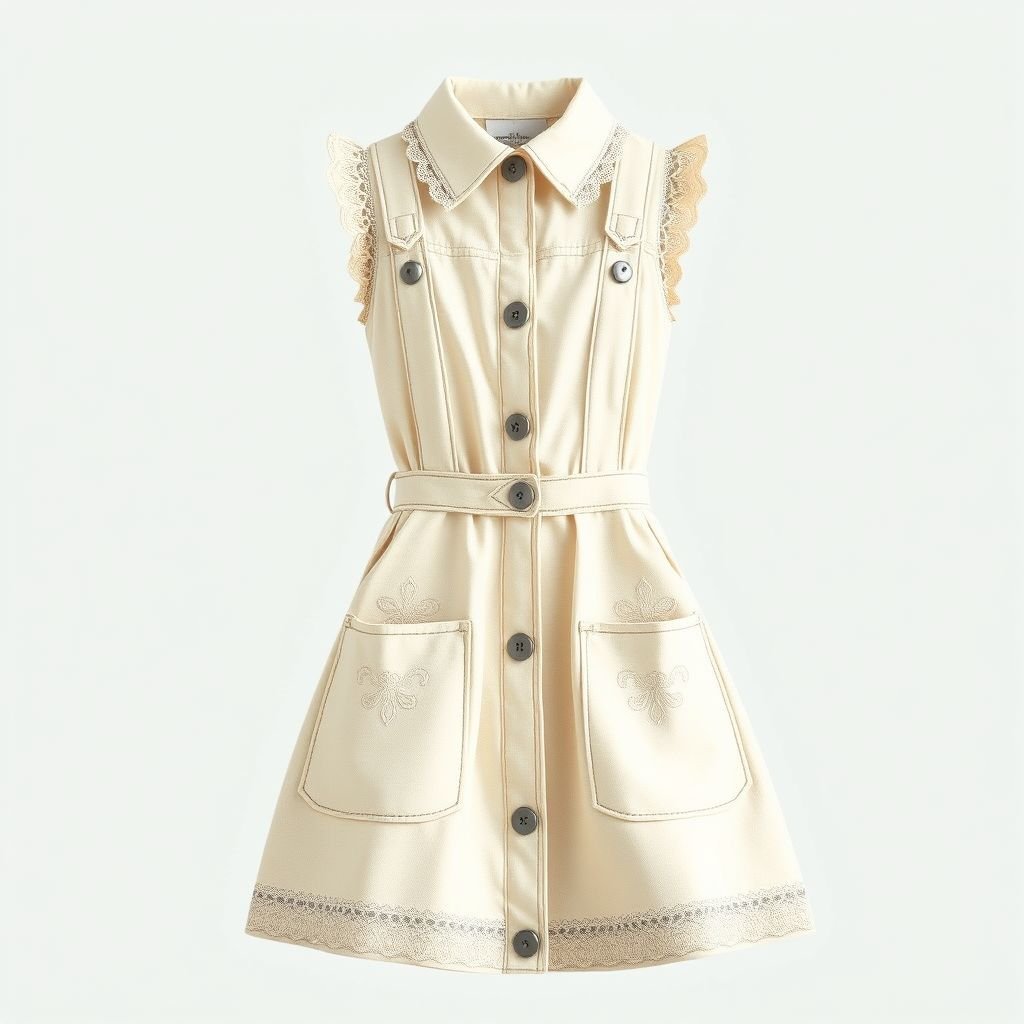 Pinafore with pockets
Design a charming vintage-inspired pinafore dress, featuring deep functional pockets and a flattering A-line silhouette. Adorn it with delicate lace trim and a high, buttoned collar for a classic touch. Emphasize nostalgic fabrics like soft cotton or denim in muted pastels, evoking a whimsical, timeless feel from the 1950s.