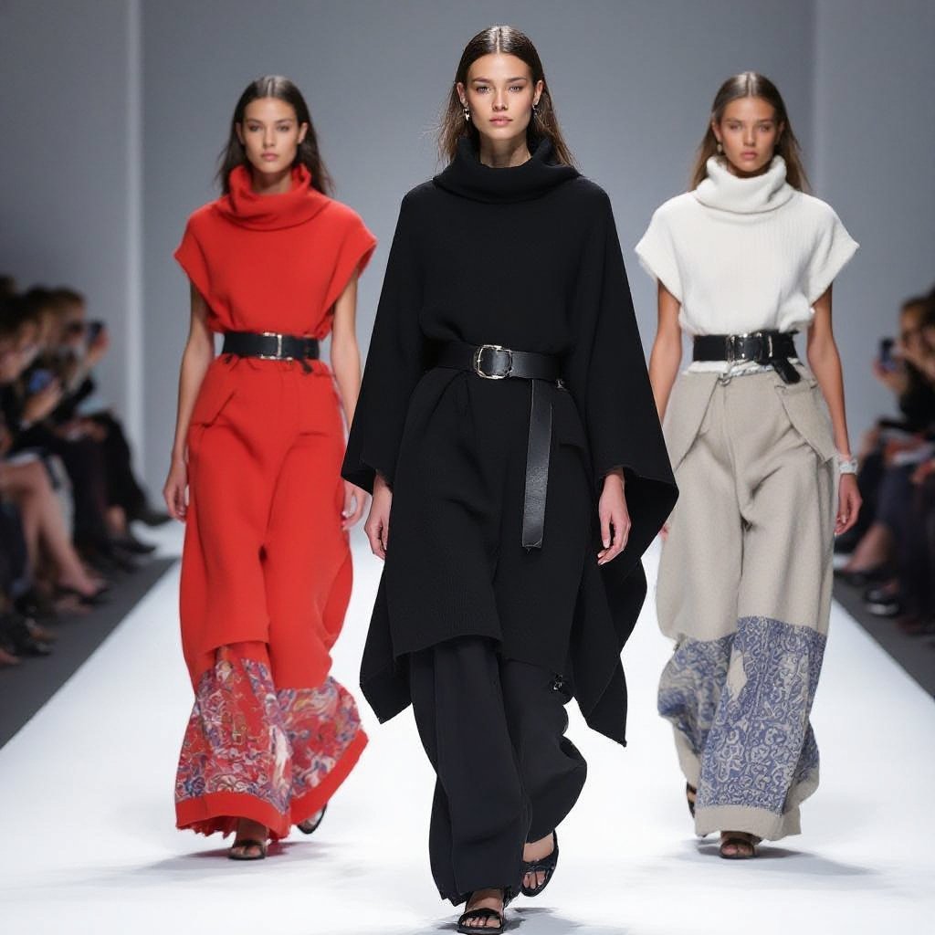 یک پانچو مشکی مینیمال با برش آزاد و کمربند باریک طراح
A minimal black poncho, loose-cut, with a thin designer belt.