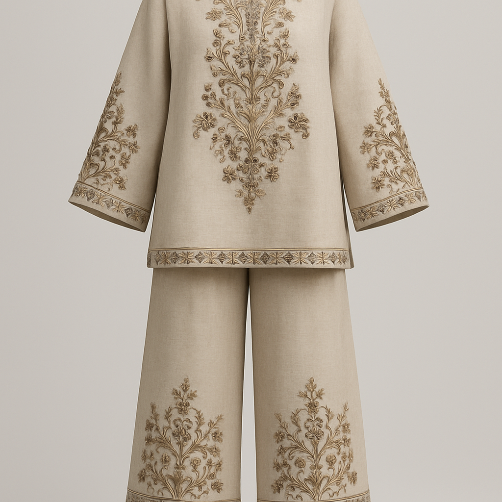 Create me a sophisticated dress chic unique first in the world and it’s kind two pice modest linen loose pants and loose top adding rich taste embroidery and stone designs in minimalist sophisticated colors
Create me a sophisticated dress chic unique first in the world and it’s kind two pice modest linen loose pants and loose top adding rich taste embroidery and stone designs in minimalist sophisticated colors