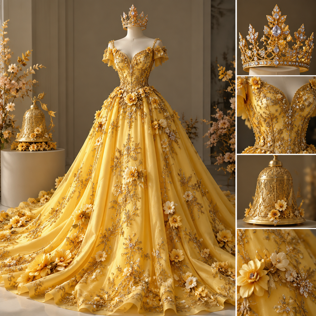 Make me a dress like be bright, yellow, intricate, beautiful gold design, flowers, and a beautiful crown woodland made out of gold and diamonds a replica bell for adding my own splashes like flowers and
photorealistic fashion design, Make me a dress like be bright, yellow, intricate, beautiful gold design, flowers, and a beautiful crown woodland made out of gold and diamonds a replica bell for adding my own splashes like flowers and, just the design no text