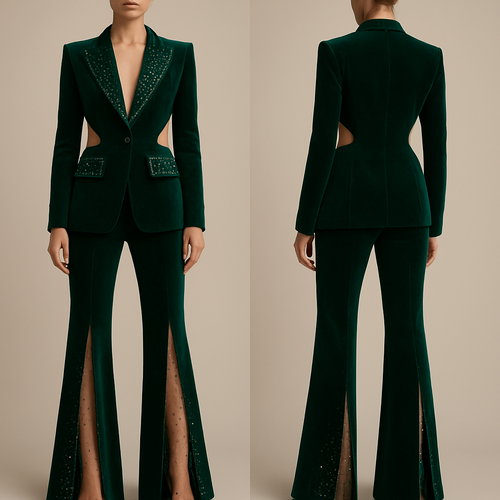 Emerald green velvet 2 peice suit with holes on the sides of the jacket to show off the waistline. On the flap and pockets of the suit jacket, there should be emerald green rhinestones and pearls. The pants should flare out just enough to make the legs look long with a split up the sides of the legs with skin tone mesh fabric showing off the skin with sprinkled emerald green rhinestones and pearls.