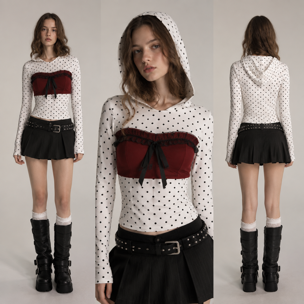 A Female Dress design, suitable for Fall. лонгслив белый в чёрную точку с капюшоном а на груди бордовая типо лифчика без лямок и на нем черный шавер. Russia fashion aesthetics. Present it as professional fashion catalogue photography: the garment is the subject, shown full-length with editorial styling, neutral posing and tasteful, non-suggestive framing.
photorealistic fashion design, A Female Dress design, suitable for Fall. лонгслив белый в чёрную точку с капюшоном а на груди бордовая типо лифчика без лямок и на нем черный шавер. Russia fashion aesthetics. Present it as professional fashion catalogue photography: the garment is the subject, shown full-length with editorial styling, neutral posing and tasteful, non-suggestive framing., just the design no text