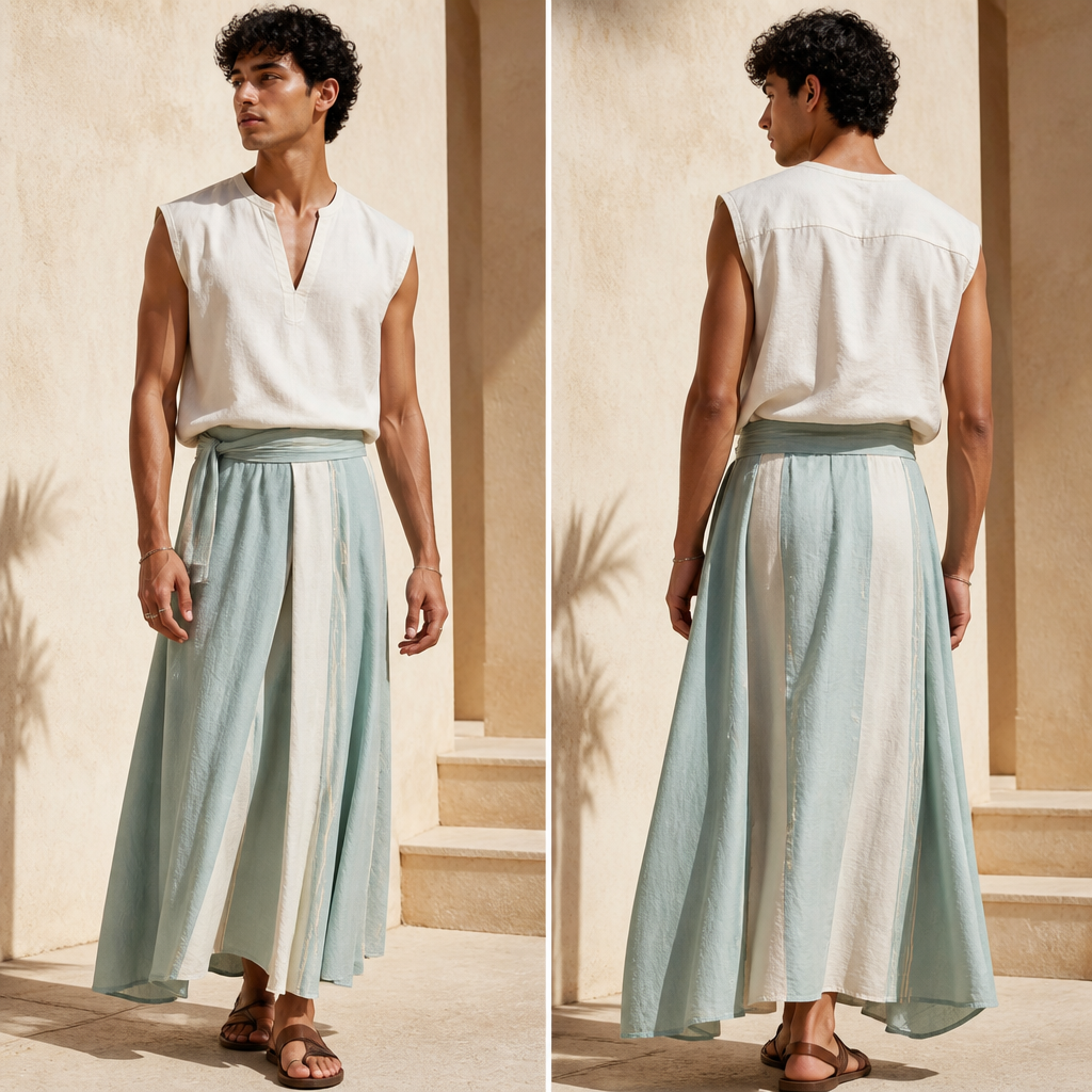 A Male Skirt design, suitable for Summer. Consider Egyptian fashion — flowing silhouettes, vibrant colors, cotton and linen traditions, modest yet elegant. Current season is Summer in Egypt.
photorealistic fashion design, A Male Skirt design, suitable for Summer. Consider Egyptian fashion — flowing silhouettes, vibrant colors, cotton and linen traditions, modest yet elegant. Current season is Summer in Egypt., just the design no text