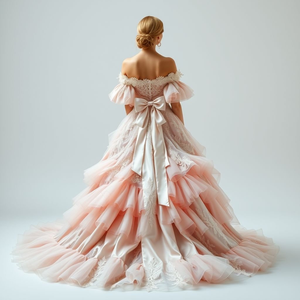 A wedding dress. That’s pink. Very dramatic
Opulent blush satin cascading in layered ruffles, voluminous silhouette accentuated by intricate lace embroidery. Off-the-shoulder neckline inviting, adorned with delicate pearl detailing. Billowing train trailing behind, soft tulle interspersed with shimmering sequins. A statement bow at the back, romantic and whimsical, accentuating the dramatic flair of this enchanting bridal masterpiece.