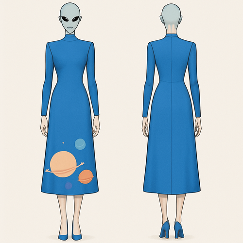 Create me a Women’s Unique Blue Alien wear design dress, with a design that looks like planets towards end of dress. Don’t make it complicated. It should be below the knees (mid calf length). Runway designed. 
