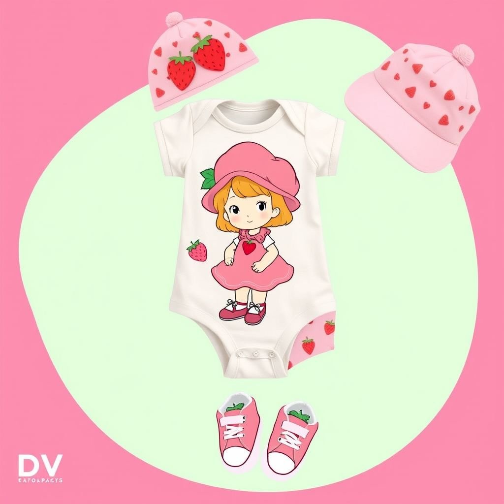 Baby infant and toddler strawberry shortcake cartoon outfit. With DV on bottom left corner. Make sure to actually include the strawberry shortcake cartoon character
Design a casual outfit for infants and toddlers inspired by the delightful Strawberry Shortcake cartoon. Feature a soft, pastel-colored short-sleeve bodysuit adorned with a playful graphic of Strawberry Shortcake herself, paired with comfy strawberry-patterned shorts. Complete the look with cute, lightweight sneakers and a tiny matching hat, with a DV logo subtly in the bottom left corner.