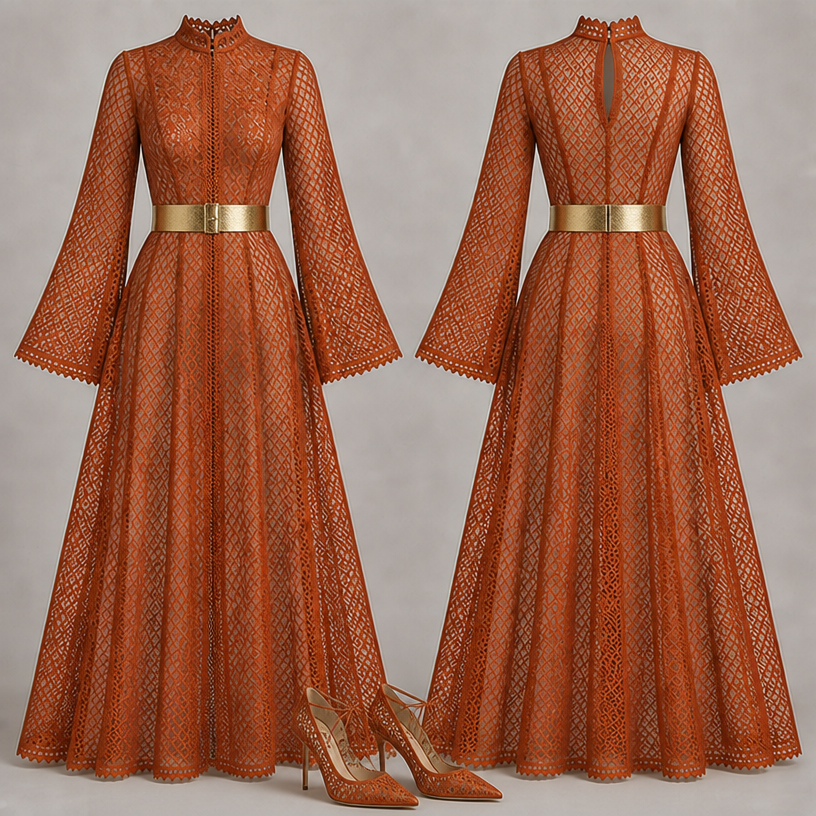 Put a wide gold belt , add terracotta lace shoes matching the dress pointy toe heel out
edit the attached fashion design with these instructions: Put a wide gold belt , add terracotta lace shoes matching the dress pointy toe heel out. keep it photorealistic, just the design no text