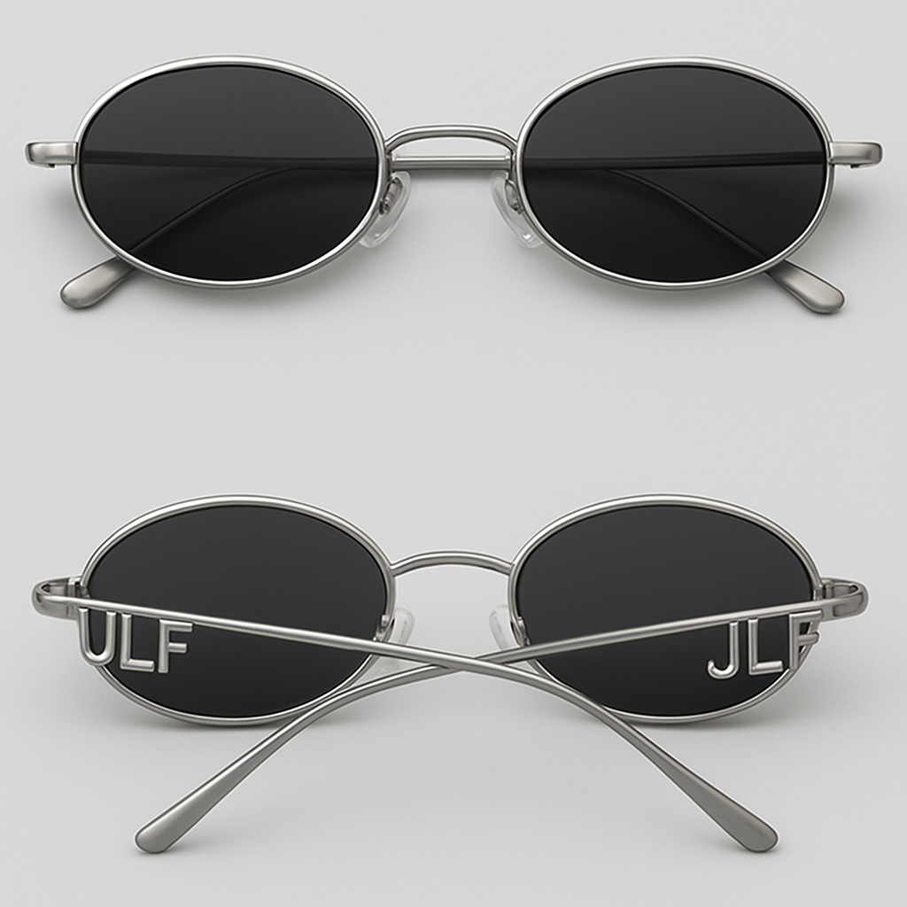 Round Oval Sliver Frame Sunglasses With The Arms Of The Sunglasses Spelling Out JLF

Round Oval Sliver Frame Sunglasses With The Arms Of The Sunglasses Spelling Out JLF, show front and back