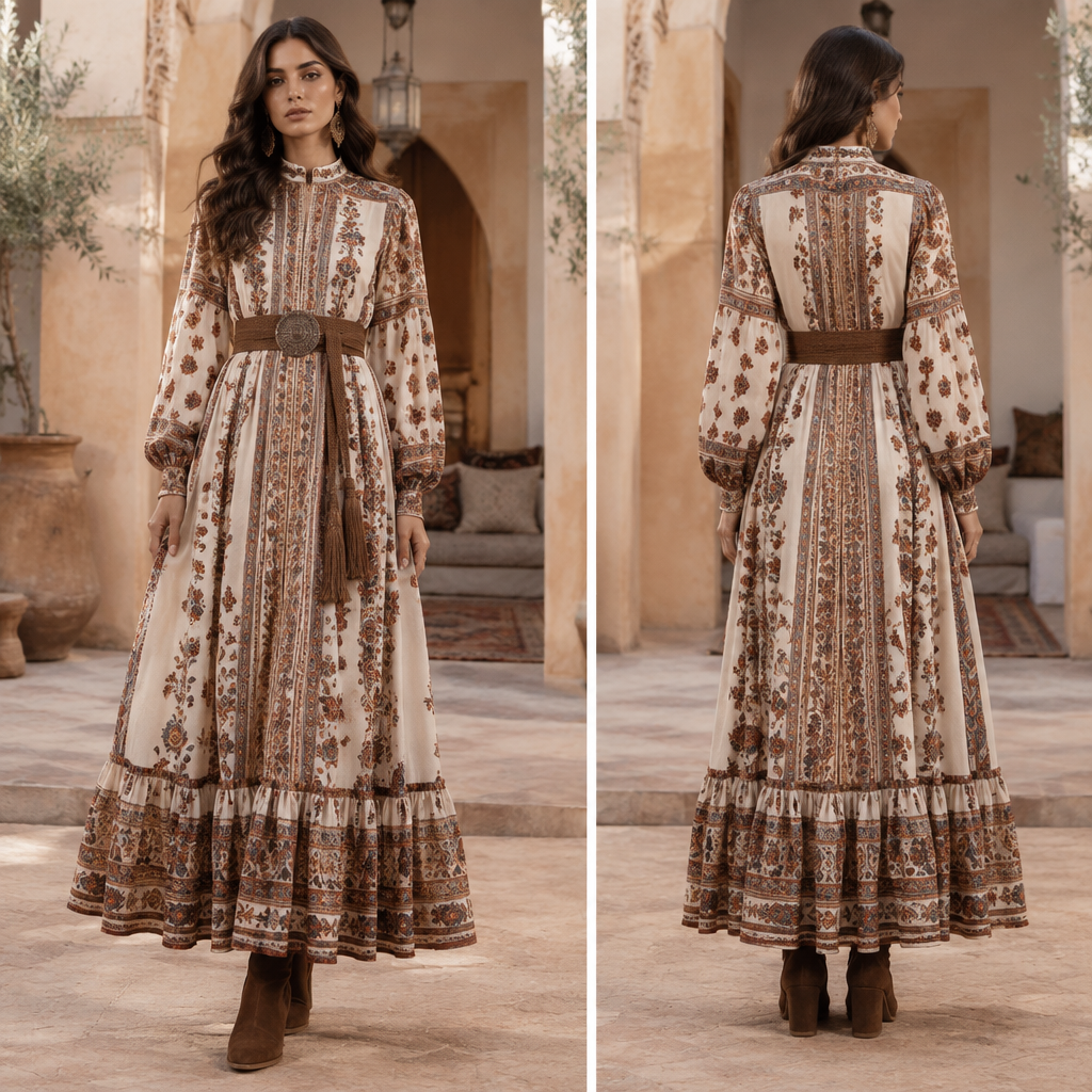 A Female Dress design, with modest, full coverage: longer hemlines, higher necklines and covered shoulders, suitable for Fall, in Bohemian style. Morocco fashion aesthetics. Present it as professional fashion catalogue photography: the garment is the subject, shown full-length with editorial styling, neutral posing and tasteful, non-suggestive framing.
photorealistic fashion design, A Female Dress design, with modest, full coverage: longer hemlines, higher necklines and covered shoulders, suitable for Fall, in Bohemian style. Morocco fashion aesthetics. Present it as professional fashion catalogue photography: the garment is the subject, shown full-length with editorial styling, neutral posing and tasteful, non-suggestive framing., bohemian style, just the design no text, show front and back