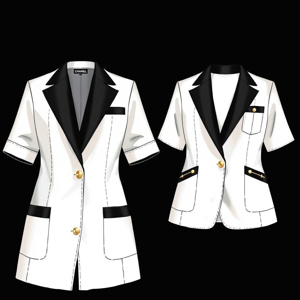 Scrub set with gold accents.
Design a luxurious scrub set inspired by Chanel's timeless elegance, featuring sleek, tailored silhouettes and delicate gold accents. Incorporate structured lapels and an embellished pocket, using high-quality, breathable fabric in a classic black and white palette. Finish with refined gold detailing to elevate the ensemble, merging functionality with couture sophistication.