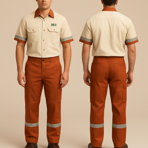 “Generate a professional male work uniform designed for a facilities management company. The shirt is short-sleeved with a beige main body, cream-white shoulders and sleeves, and rust-orange collar and sleeve edges. Two buttoned chest pockets are included, and there is a reflective silver stripe around the biceps. The pants are cargo-style, in rust-orange color, with side pockets and reflective silver stripes near the ankles. The shirt has the company logo ‘SSCL’ in green on the left chest. The outfit is paired with brown safety shoes. Background: plain beige studio setting.”
