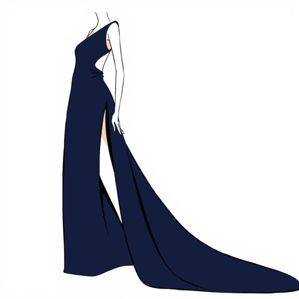 Side cut-out floor-length satin gown with thigh slit • Color: Midnight,
Design a minimalist floor-length satin gown in a profound midnight hue, featuring a bold side cut-out that elegantly reveals the silhouette. Highlight a dramatic thigh slit that adds a touch of intrigue without excess embellishment. Emphasize clean lines and a streamlined shape, embracing simplicity and sophistication for a striking evening look.