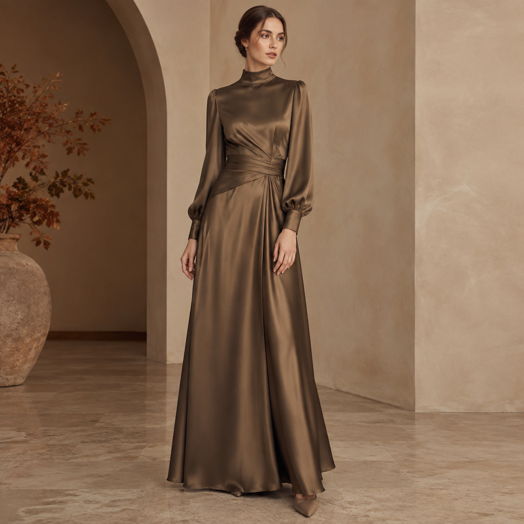 A Female Dress design, made of Satin, with a sleek, smooth finish, with a Tailored silhouette, with modest, full coverage: longer hemlines, higher necklines and covered shoulders, in an Earth Tones color palette, suitable for Fall, in Elegant style, shown on a model with a tall figure Present it as professional fashion catalogue photography: the garment is the subject, shown full-length with editorial styling, neutral posing and tasteful, non-suggestive framing.
photorealistic fashion design, A Female Dress design, made of Satin, with a sleek, smooth finish, with a Tailored silhouette, with modest, full coverage: longer hemlines, higher necklines and covered shoulders, in an Earth Tones color palette, suitable for Fall, in Elegant style, shown on a model with a tall figure Present it as professional fashion catalogue photography: the garment is the subject, shown full-length with editorial styling, neutral posing and tasteful, non-suggestive framing., elegant style, just the design no text