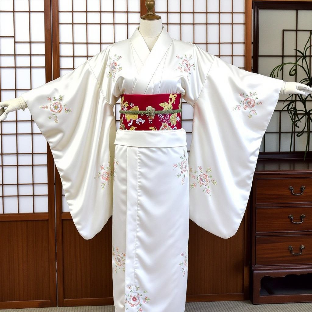Huge white Wedding dress Japanese style
Vintage fashion: Large white silk wedding kimono, long sleeves, obi sash.