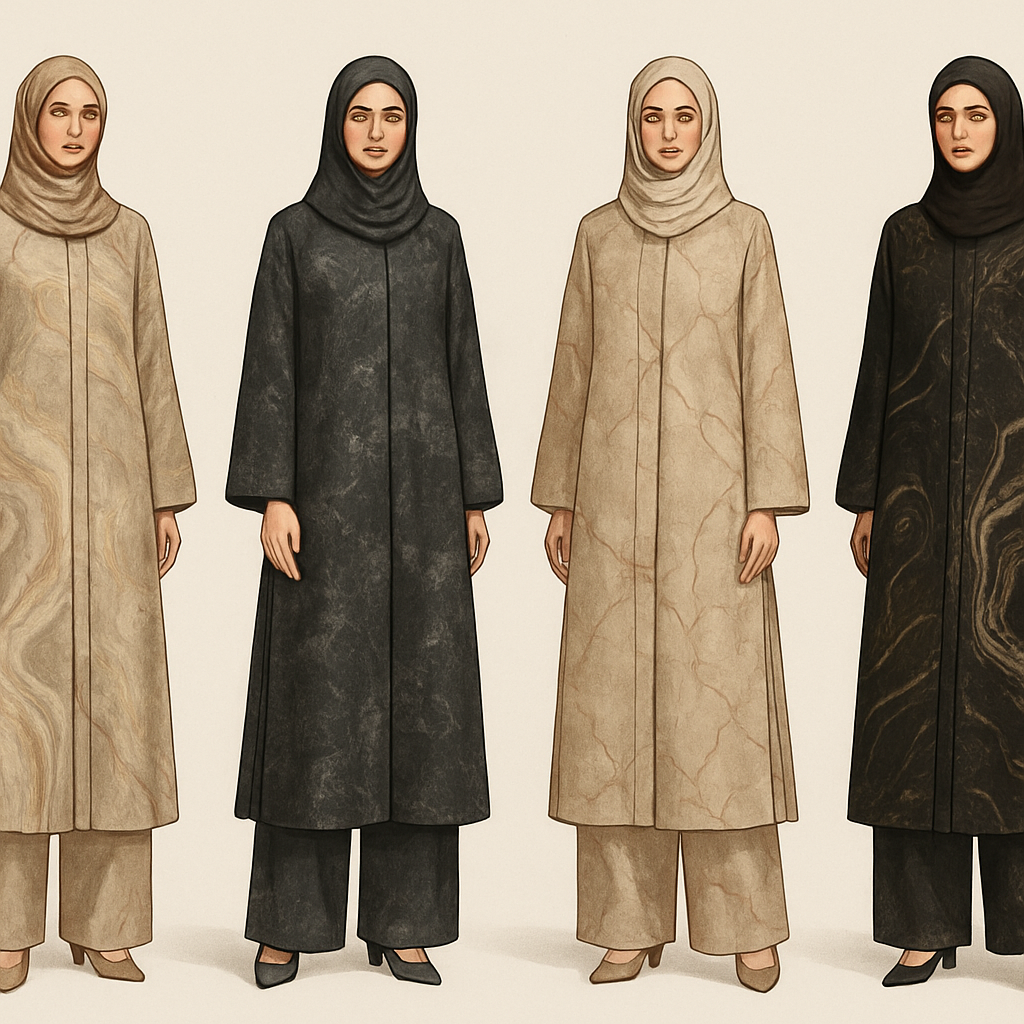 Create a modest abaya and loose pant, first of its kind, featuring a unique stone design that exudes a classy and sophisticated vibe. I'd like four designs, each showcasing different styles and fabrics. Incorporate high-end, unique chic stone designs to make them truly special. Add little sophisticated stone designs. Make it irresistible with designs that stands out.
Create a modest abaya and loose pant, first of its kind, featuring a unique stone design that exudes a classy and sophisticated vibe. I'd like four designs, each showcasing different styles and fabrics. Incorporate high-end, unique chic stone designs to make them truly special. Add little sophisticated stone designs. Make it irresistible with designs that stands out.