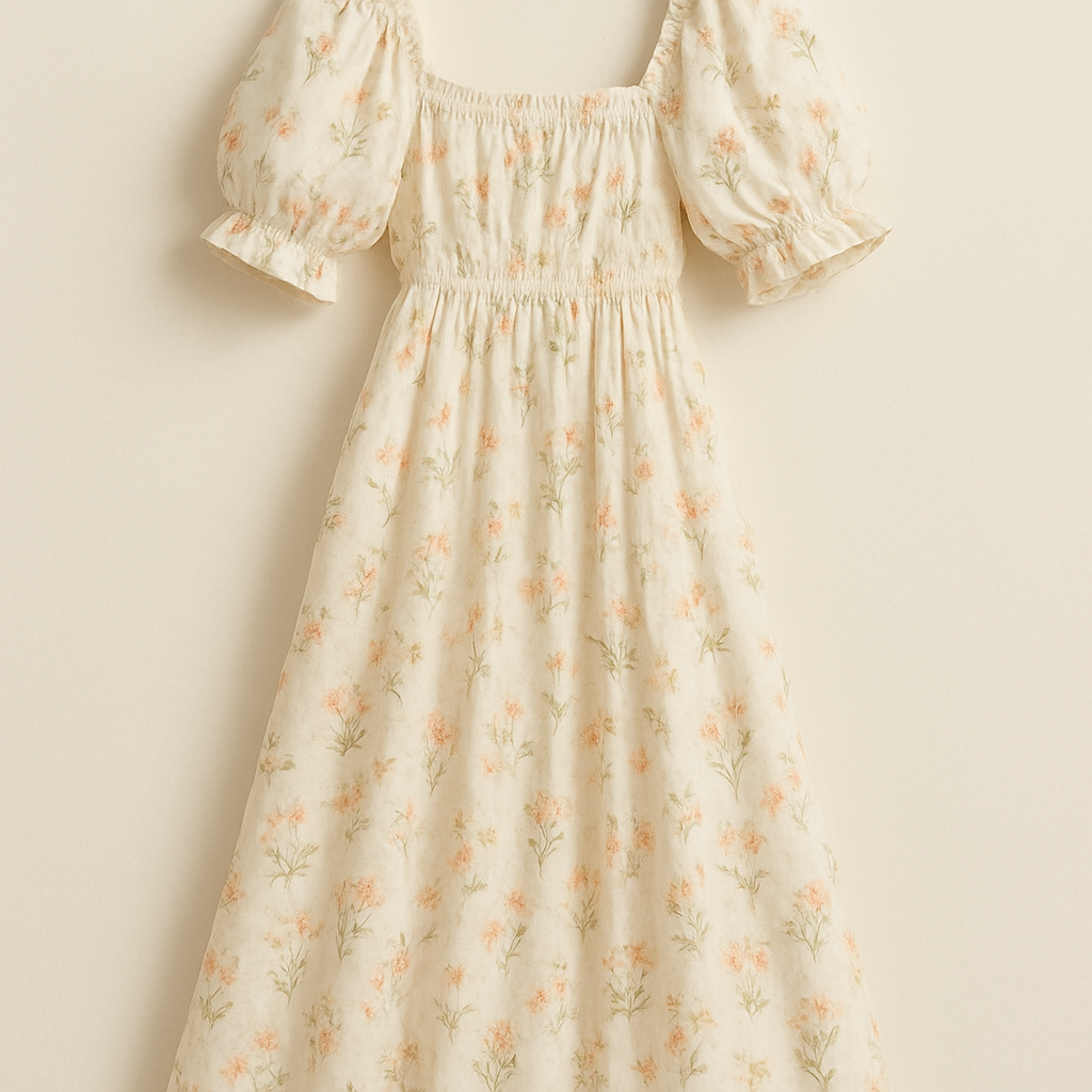 Romantic prairie dress with puff sleeves and wildflower print
Cottagecore fashion design: Romantic cotton prairie dress, puff sleeves, soft wildflower print, flowing silhouette, gentle fit.