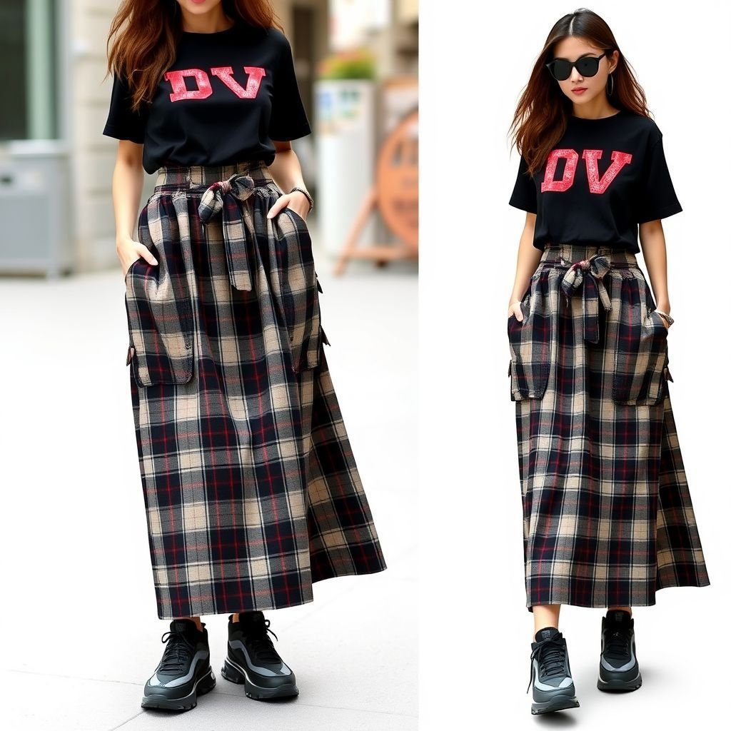 Plaid maxi skirt with pockets and bows tied to skirt , that say “DV” embroidery on skirt
Design a streetwear-inspired plaid maxi skirt featuring oversized pockets and playful bows tied at the waist. Incorporate bold typography with “DV” embroidered in contrasting colors. Pair it with a cropped graphic tee and chunky sneakers, creating a fusion of casual elegance and urban rebellion for an effortlessly chic city look.