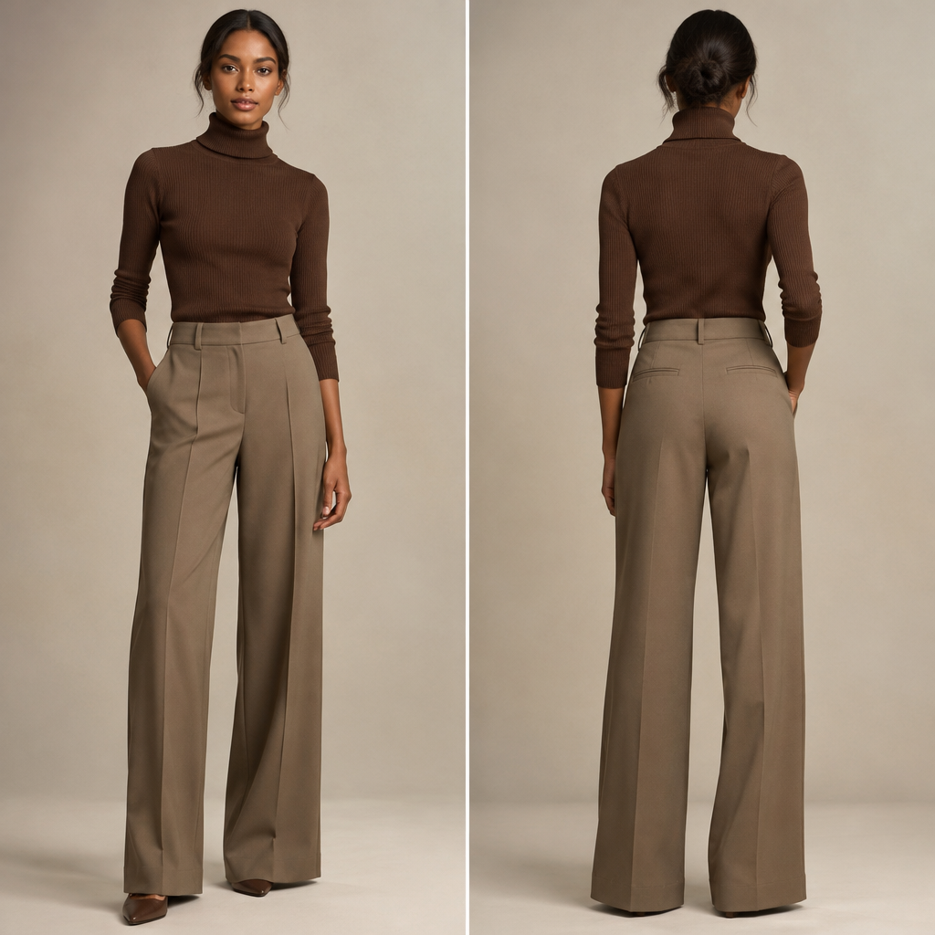 A Pants design, with a crisp, structured drape, with a Relaxed silhouette, with a minimal-coverage cut, in an Earth Tones color palette, for Casual, suitable for Fall, suited to a Temperate climate, in Elegant style, shown on a model with brown skin and a slim figure. I'm going for a elegant significant yet simple Present it as professional fashion catalogue photography: the garment is the subject, shown full-length with editorial styling, neutral posing and tasteful, non-suggestive framing.
photorealistic fashion design, A Pants design, with a crisp, structured drape, with a Relaxed silhouette, with a minimal-coverage cut, in an Earth Tones color palette, for Casual, suitable for Fall, suited to a Temperate climate, in Elegant style, shown on a model with brown skin and a slim figure. I'm going for a elegant significant yet simple Present it as professional fashion catalogue photography: the garment is the subject, shown full-length with editorial styling, neutral posing and tasteful, non-suggestive framing., elegant style, just the design no text, show front and back