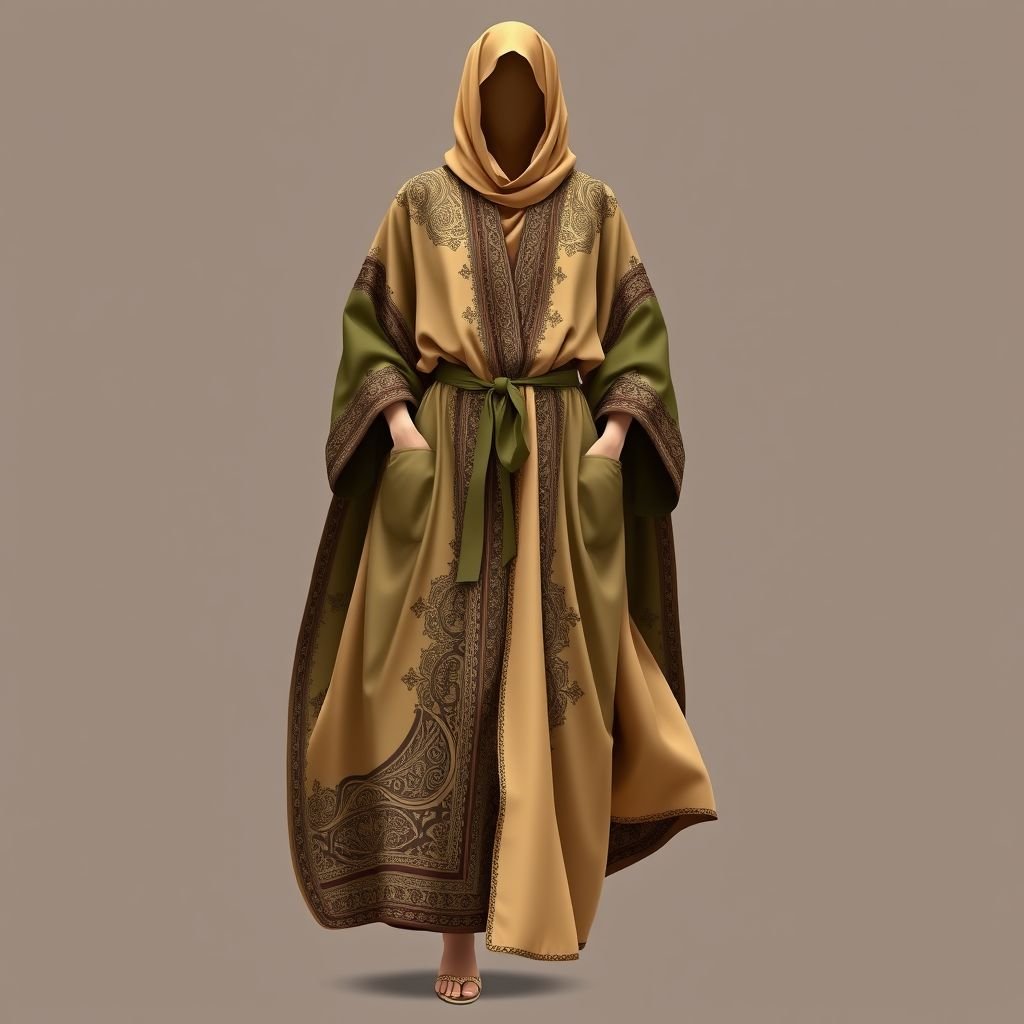 Please create a kaftan in silk fabric for desert wear. With an arabic touch up. Keep it simple and elegant. Color should be earthy tone
Design an elegant silk kaftan inspired by safari fashion, featuring a flowing silhouette adorned with intricate Arabic patterns. Emphasize earthy tones like sandy beige and deep olive, with a lightweight, breathable fabric ideal for desert wear. Incorporate practical details like side pockets and a subtle belt for a chic touch.