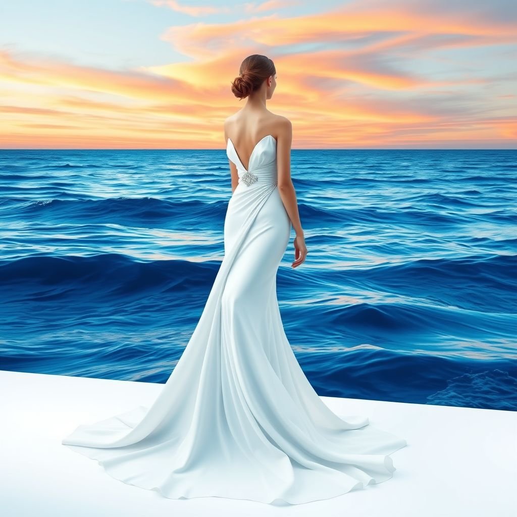 Create a gown inspired by sea waves, blue sky and sunshine. Add crystal embroidery and an ethereal look to the vision of a dress with architectural details and some structure, color should be gradients of blue and tinge of orange
Design an ethereal, minimalist gown that embodies the fluidity of sea waves and the tranquility of the blue sky. Craft sleek, architectural lines that suggest gentle movement, with a smooth gradient of blue tones accented by delicate hints of sunset orange. Subtle crystal embroidery adds a touch of refined elegance.