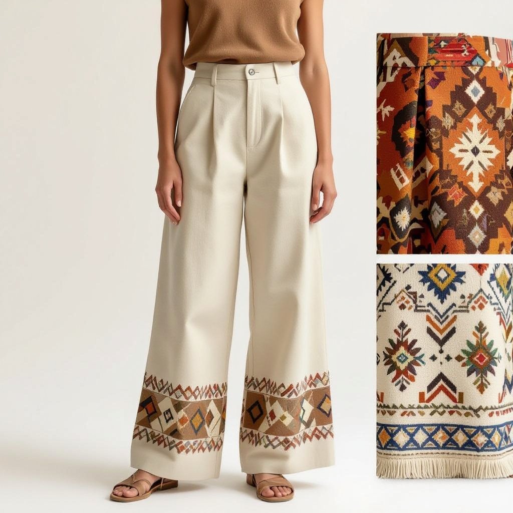 Wide-leg trousers inspired by South American heritage on a plain white studio background. Lightweight linen with sustainable craftsmanship. Ancestral art–inspired prints reimagined in bold yet modern patterns. Neutral earthy tones with vibrant hand-dyed accents. Showcase as isolated fashion item with professional lighting.
Sustainable fashion: Wide-leg organic cotton trousers, South American heritage prints. Neutral earth tones with hand-dyed accents. Plain white studio background. Isolated item with professional lighting. Sustainable craftsmanship.