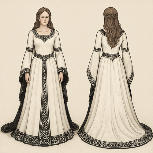Viking era wedding dress. White and black in color with long train and long sleeves.