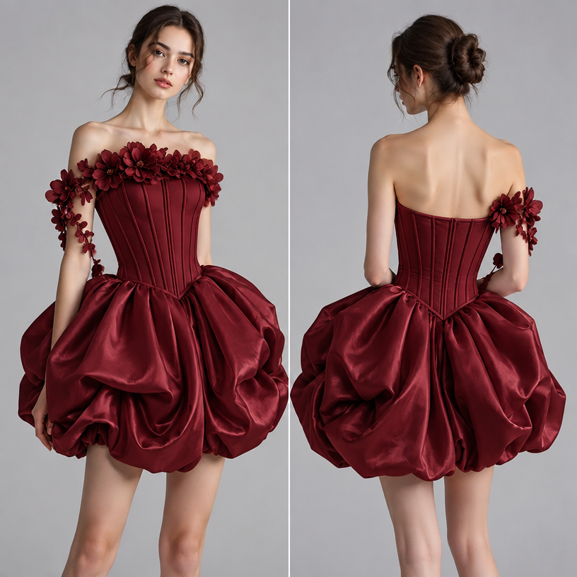 Sculptural Corset Mini Dress with Exaggerated Hip Volume and Ruffled Neckline. Warna burgundy
edit the attached fashion design with these instructions: Sculptural Corset Mini Dress with Exaggerated Hip Volume and Ruffled Neckline. Warna burgundy. keep it photorealistic, just the design no text