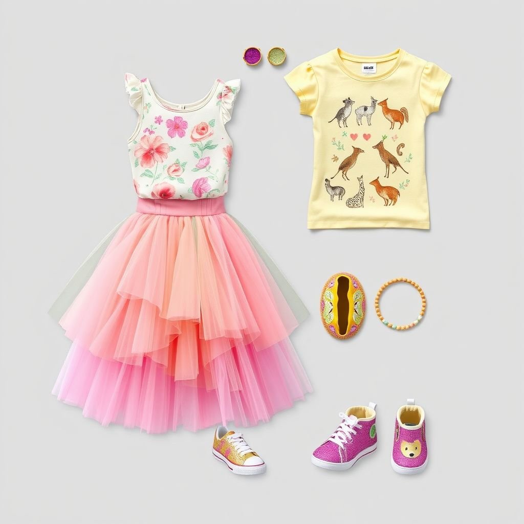 9 years old
Imagine a whimsical fashion ensemble for a 9-year-old, featuring a playful mix of pastel colors and floral patterns. The outfit includes a layered tulle skirt that twirls with every step, a fitted graphic tee with whimsical animal illustrations, and stylish sneakers adorned with glitter. Complete the look with colorful, oversized accessories.