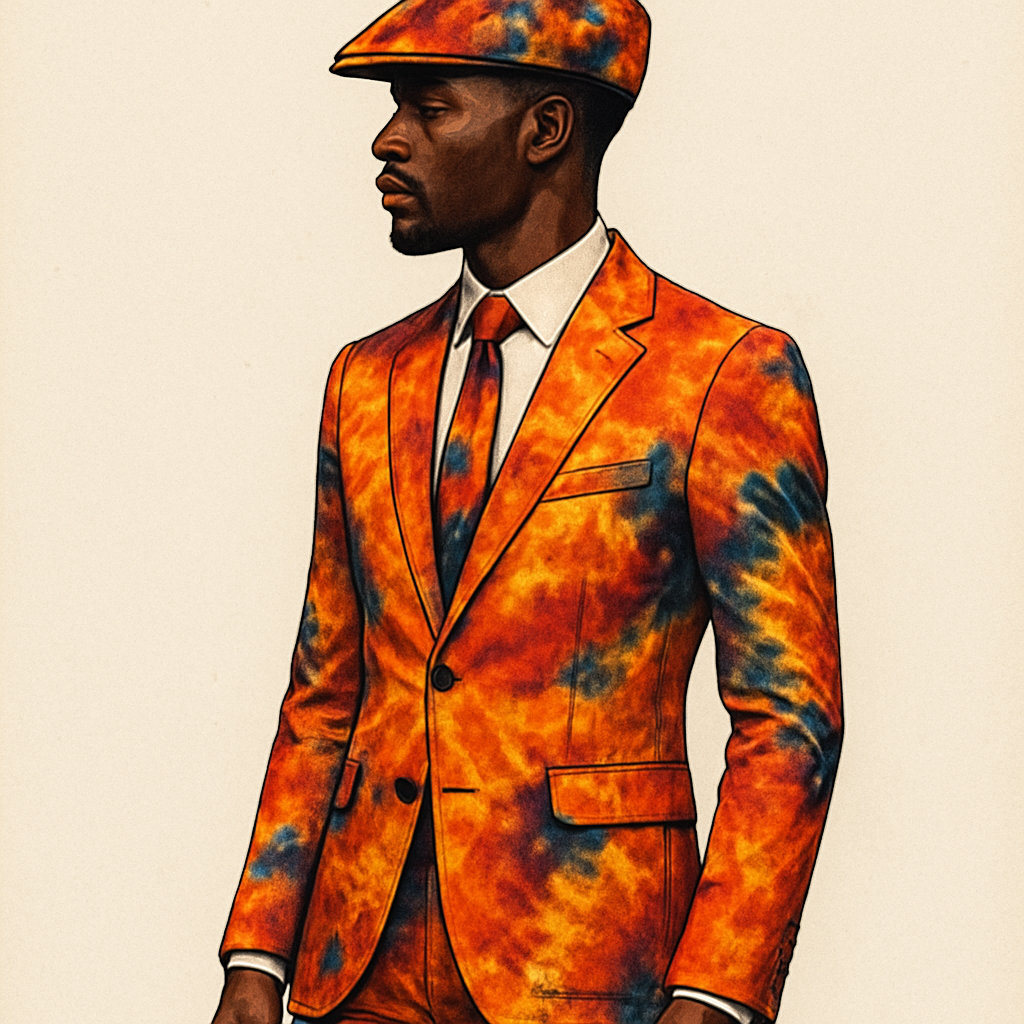 African inspired with official outlook with flat cap showing a side view
African inspired with official outlook with flat cap showing a side view, tie_dye style