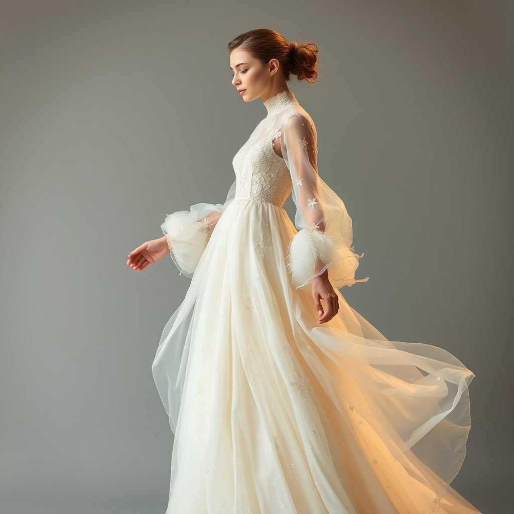 Design a gown inspired by the concept of a whispered prayer caught in the wind. The dress should be airy, weightless, and flowing as if made of moving air and sound itself. Use layers of translucent fabric in pale silvers, soft whites, and hints of sky blue, with wisps that trail like breath in cold air. Embedded in the fabric are faint, glowing script-like markings—ancient or angelic—fading in and out like echoes. The bodice is shaped like folded hands or soft wings, and the hemline ripples upward slightly, defying gravity. The overall feeling should be holy, haunting, and gentle—like a moment of stillness when Heaven leans in to listen.
Design a gown inspired by the concept of a whispered prayer caught in the wind. Envision a silhouette that embodies grace, featuring diaphanous layers that billow around the wearer like delicate clouds. The fabric moves with each step, creating an ethereal effect, while embroidered threads shimmer in moonlit hues. Soft, cascading sleeves mimic flowing ribbons, and a high neckline echoes the tranquility of a serene embrace. Adornments like feathers and tiny, twinkling crystals evoke stars, capturing the essence of wishes made and carried away. The gown transcends earthly boundaries, inviting onlookers to experience the divine whisper of hope and serenity woven into its very essence.