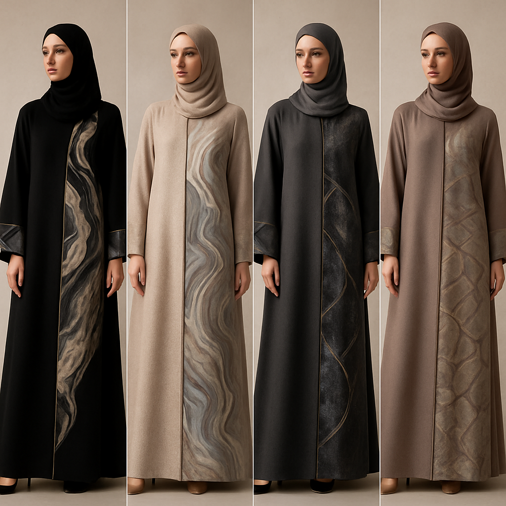 Create a modest two piece abaya, first of its kind, featuring a unique stone design that exudes a classy and sophisticated vibe. I'd like four designs, each showcasing different styles and fabrics. Incorporate high-end, unique chic stone designs to make them truly special. Add little sophisticated stone designs. Make it irresistible!
Create a modest two piece abaya, first of its kind, featuring a unique stone design that exudes a classy and sophisticated vibe. I'd like four designs, each showcasing different styles and fabrics. Incorporate high-end, unique chic stone designs to make them truly special. Add little sophisticated stone designs. Make it irresistible!