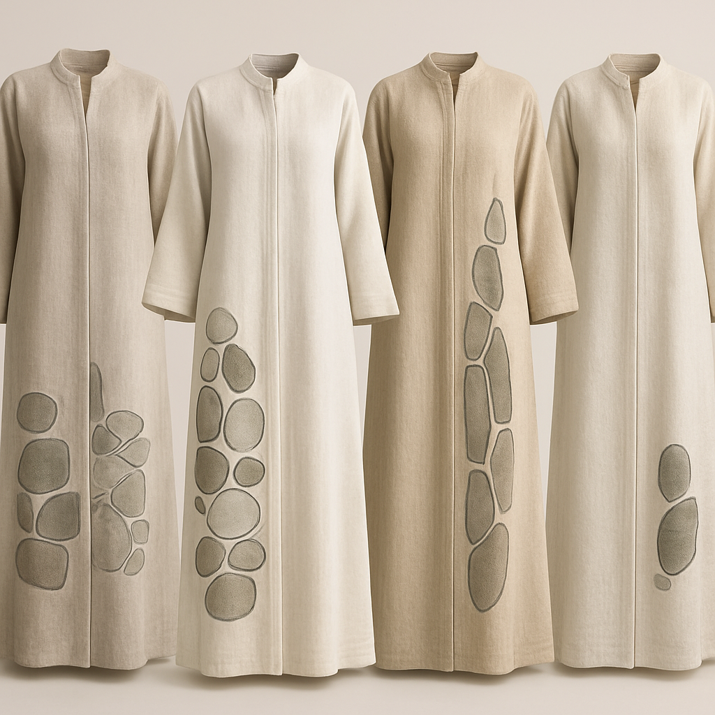 Create a modest two-piece linen abaya, the first of its kind, featuring a unique stone design that exudes a classy and sophisticated vibe. I’d like four designs, each showcasing different styles and fabrics. Incorporate high-end, unique chic stone designs to make them truly special. Add little sophisticated stone designs.

Create a modest two-piece linen abaya, the first of its kind, featuring a unique stone design that exudes a classy and sophisticated vibe. I’d like four designs, each showcasing different styles and fabrics. Incorporate high-end, unique chic stone designs to make them truly special. Add little sophisticated stone designs.