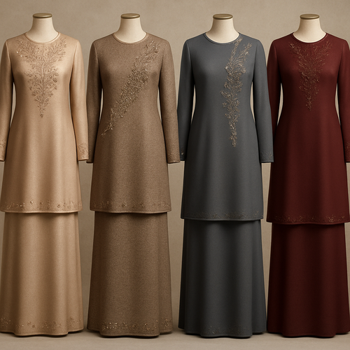 Create me modest two piece that's first in the world, using unique stone design, classy and sophisticated. Keep me 4 designs. Make them rich by adding minimal stone embroidery and stones designs. Showcasing different styles and fabric.