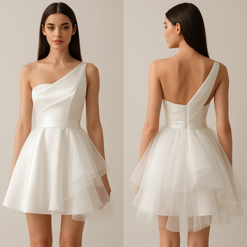 White mini engagement dress
Satin and tulle fabric 
Elegant uniq 
Modern

