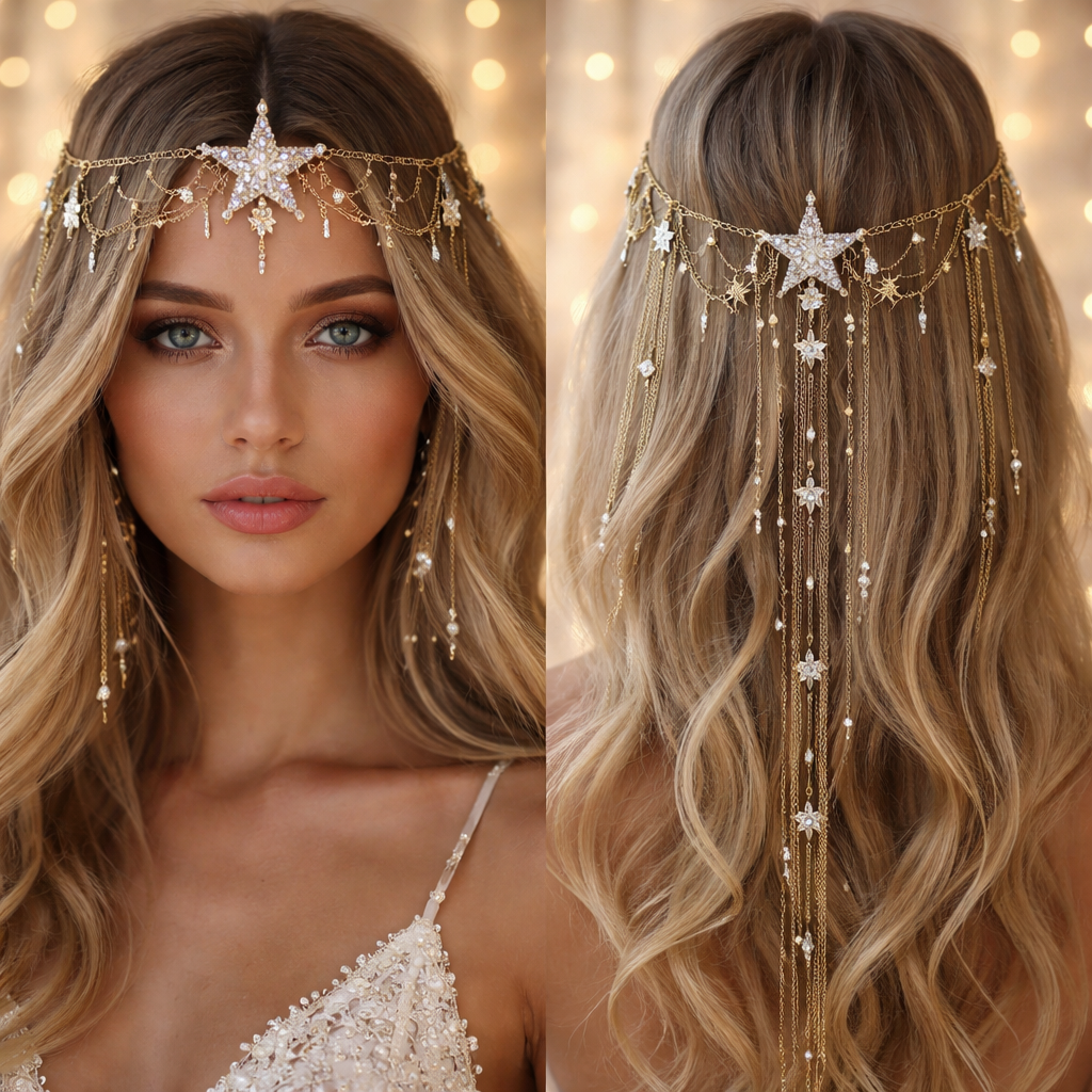 Head chain. Bohemian. Star
Head chain. Bohemian. Star
, glamorous style, show front and back