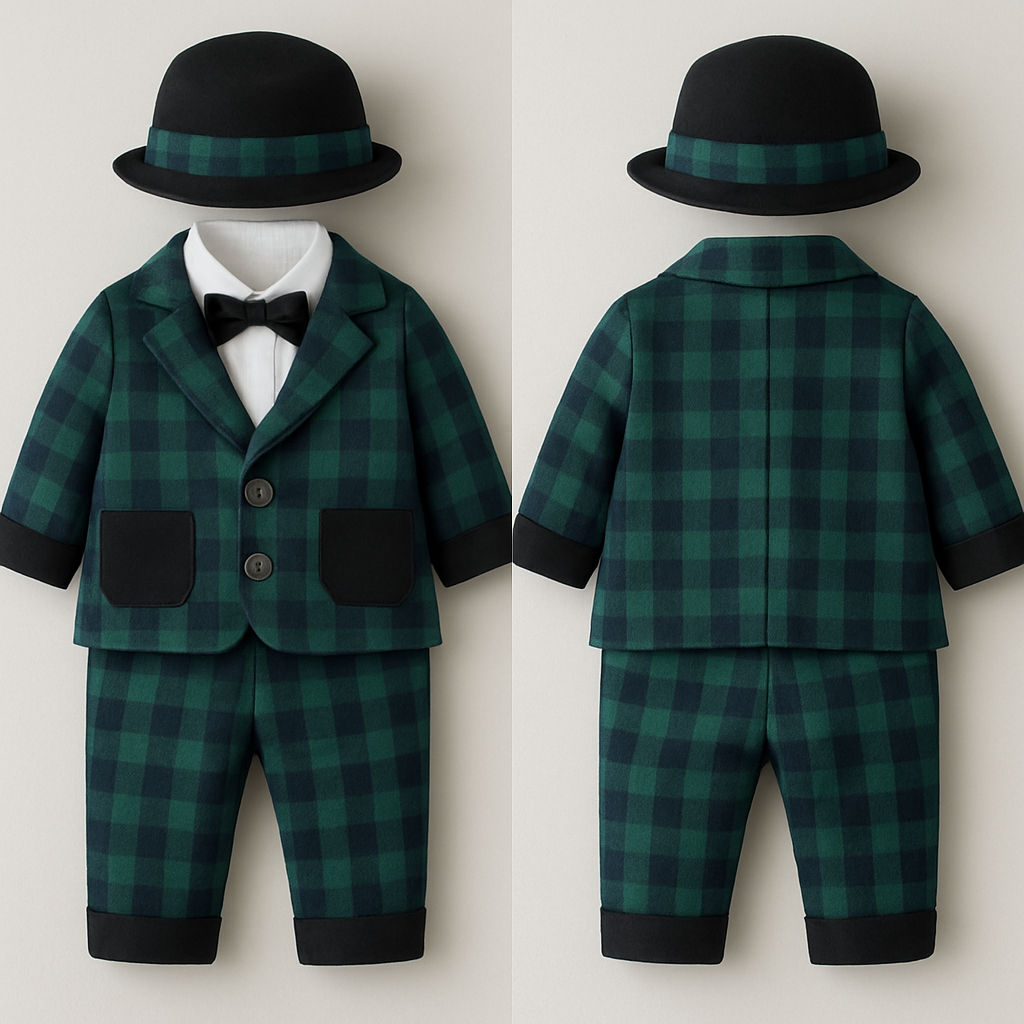 Baby suits of boy one-year-old
チェック模様、緑と紺
上下セットアップ
ポケットを黒に
裾口と袖口を数センチ黒色に
スーツのボタンは二つで模様なしのシルバー(光沢あり)
スーツの下のワイシャツは白
蝶ネクタイは黒
黒のハット、ハットのリボンの部分にスーツと同じチェック模様のベルトを巻いて


Baby suits of boy one-year-old
チェック模様、緑と紺
上下セットアップ
ポケットを黒に
裾口と袖口を数センチ黒色に
スーツのボタンは二つで模様なしのシルバー(光沢あり)
スーツの下のワイシャツは白
蝶ネクタイは黒
黒のハット、ハットのリボンの部分にスーツと同じチェック模様のベルトを巻いて
, formal style, show front and back