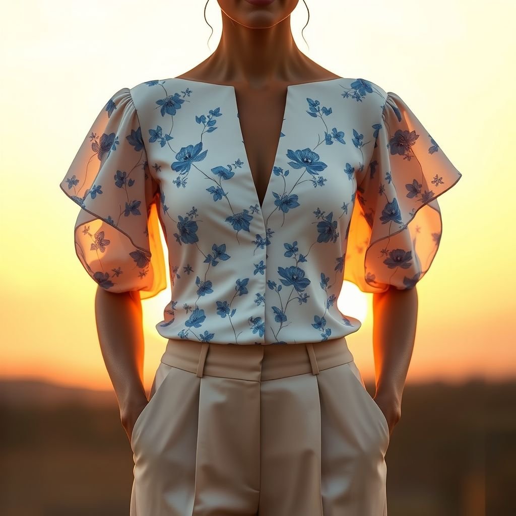A beautiful shirt with little blue flowers background white the girl is standing on a hillside with a sunset. The shirt looks like it is stuck to her. It describes her form so well.
Imagine a form-fitting blouse adorned with delicate blue floral motifs against a crisp white backdrop, perfectly highlighting the soft contours of the wearer. The fabric shimmers subtly in the warm golden glow of a sunset, while the sleeves billow gently, reminiscent of nature’s embrace. Pair this with flowing, high-waisted trousers for ethereal elegance.