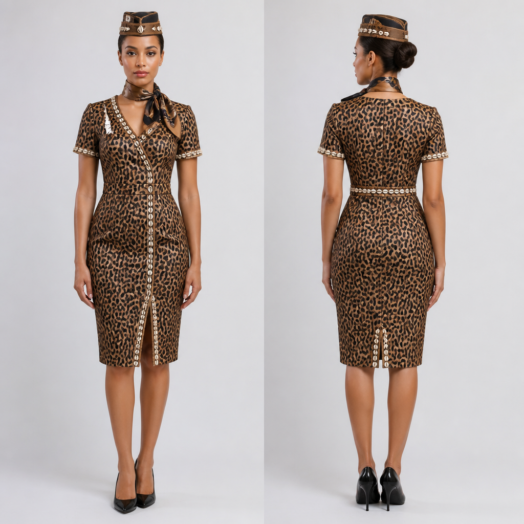 Robe hôtesse tissue tout panthere noir et marron claire
avec cauris Et un chapeau style hôtesse e l’air couleur qui s’accorde avec un petit foulard au cou
photorealistic fashion design, Robe hôtesse tissue tout panthere noir et marron claire
avec cauris Et un chapeau style hôtesse e l’air couleur qui s’accorde avec un petit foulard au cou, business style, just the design no text, show front and back