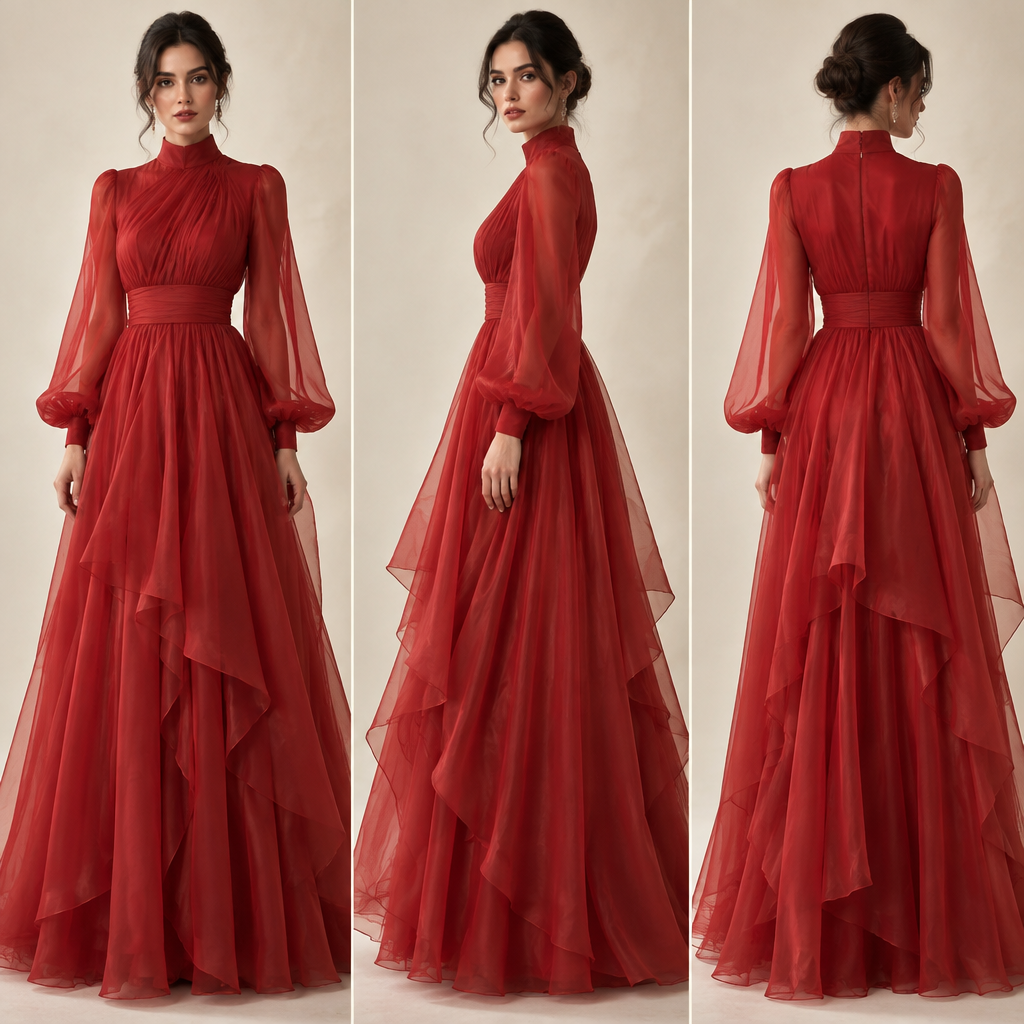 A Female Dress design, with modest, full coverage: longer hemlines, higher necklines and covered shoulders, suitable for Fall. قماش اوركنزا لون احمر جميلل.. IQ fashion aesthetics. Present it as professional fashion catalogue photography: the garment is the subject, shown full-length with editorial styling, neutral posing and tasteful, non-suggestive framing.
photorealistic fashion design, A Female Dress design, with modest, full coverage: longer hemlines, higher necklines and covered shoulders, suitable for Fall. قماش اوركنزا لون احمر جميلل.. IQ fashion aesthetics. Present it as professional fashion catalogue photography: the garment is the subject, shown full-length with editorial styling, neutral posing and tasteful, non-suggestive framing., just the design no text