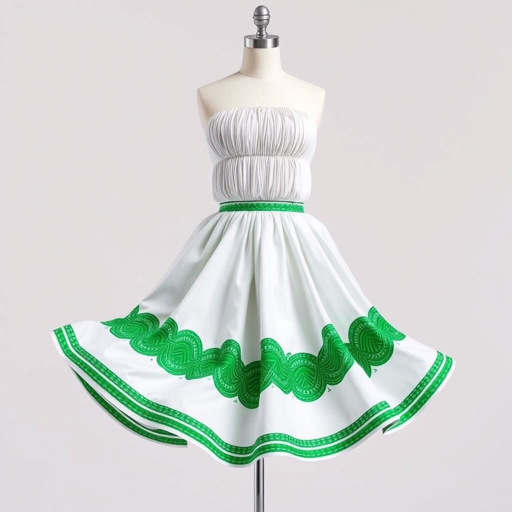 A white and green Kampala fabric, sewn with a360 flare short skirt and a tube bustier designed with lots of pleating
Envision a stunning outfit crafted from vibrant white and green Kampala fabric, showcasing a playful 360-flare short skirt that dances with every movement. The tube bustier is adorned with intricate pleating, creating a sculptural effect while highlighting the waist. Perfect for summer soirées, this design radiates elegance and youthful exuberance.