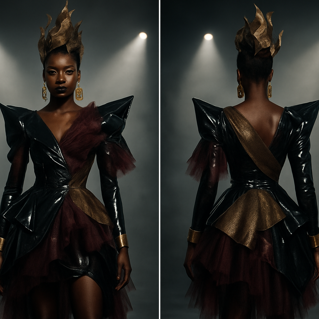 A futuristic, high-fashion Halloween outfit designed for a young Ghanaian fashion designer with an avant-garde flair. The look is dramatic, artistic, and couture-inspired — blending dark elegance with creative rebellion. She wears an asymmetrical structured outfit made from layers of glossy black vinyl, deep burgundy tulle, and metallic gold mesh. The silhouette is bold — exaggerated shoulders, sculpted sleeves, and a cinched waist with architectural draping. Accessories include oversized gold geometric earrings, statement cuffs, and a sculptural headpiece made of metallic fabric shaped like abstract flames. Her makeup is creative and editorial — bold eyeliner, metallic gold highlights, and dark glossy lips. The background is minimal but moody, featuring spotlights, fog, and soft reflections that enhance the avant-garde mood. The overall feel is artistic, fearless, and unapologetically stylish — a Halloween look that celebrates creativity over costume.
A futuristic, high-fashion Halloween outfit designed for a young Ghanaian fashion designer with an avant-garde flair. The look is dramatic, artistic, and couture-inspired — blending dark elegance with creative rebellion. She wears an asymmetrical structured outfit made from layers of glossy black vinyl, deep burgundy tulle, and metallic gold mesh. The silhouette is bold — exaggerated shoulders, sculpted sleeves, and a cinched waist with architectural draping. Accessories include oversized gold geometric earrings, statement cuffs, and a sculptural headpiece made of metallic fabric shaped like abstract flames. Her makeup is creative and editorial — bold eyeliner, metallic gold highlights, and dark glossy lips. The background is minimal but moody, featuring spotlights, fog, and soft reflections that enhance the avant-garde mood. The overall feel is artistic, fearless, and unapologetically stylish — a Halloween look that celebrates creativity over costume.
, show front and back