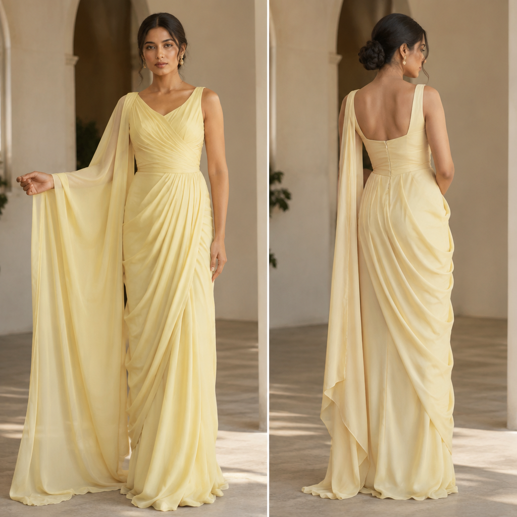 A Female Dress design, suitable for Summer, in Classic style. a sleeveless dress with its right hand ospreded into a saree like situation and the bottom left side shouldd be draped like a saree too. soft pastel yellow dress.. Sri Lanka fashion aesthetics. Present it as professional fashion catalogue photography: the garment is the subject, shown full-length with editorial styling, neutral posing and tasteful, non-suggestive framing.
photorealistic fashion design, A Female Dress design, suitable for Summer, in Classic style. a sleeveless dress with its right hand ospreded into a saree like situation and the bottom left side shouldd be draped like a saree too. soft pastel yellow dress.. Sri Lanka fashion aesthetics. Present it as professional fashion catalogue photography: the garment is the subject, shown full-length with editorial styling, neutral posing and tasteful, non-suggestive framing., classic style, just the design no text