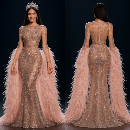 Create a glamorous full-body mermaid gown for a beauty queen. The gown should be ultra-fitted all the way to the feet, made of sheer transparent fabric with a silver base covered in old rose pink and metallic gray gemstones. Add a soft transparency at the waistline to highlight the figure. The gown must sparkle under stage lighting with a delicate see-through effect. Include a long feather cape starting from the waist, in pale pink feathers that flow to the floor. The overall look should feel sensual, elegant, and luxurious — perfect for an international pageant stage.”
