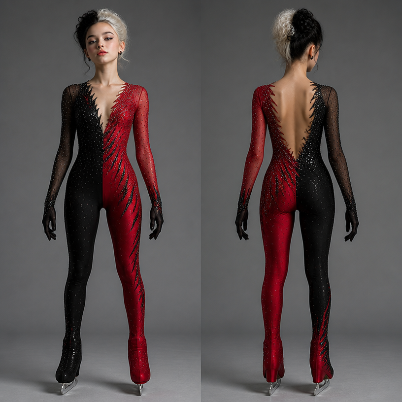 the neck should be open, the girl is in full height on skates, the legs are also part of the costume to look like a jumpsuit, remove the effect of feathers, add red color
edit the attached fashion design with these instructions: the neck should be open, the girl is in full height on skates, the legs are also part of the costume to look like a jumpsuit, remove the effect of feathers, add red color. keep it photorealistic, just the design no text