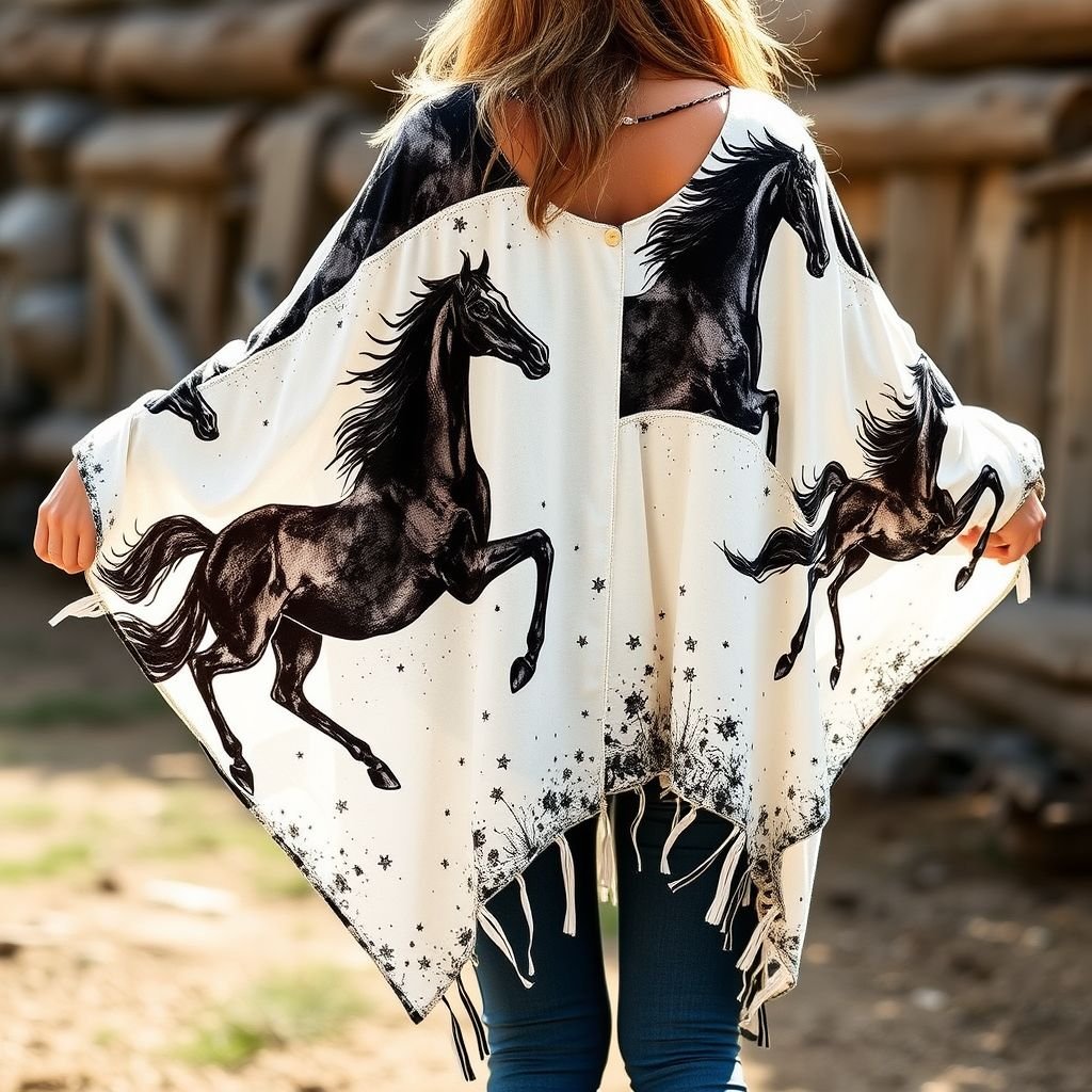 Patchwork boho unisex black and white summer poncho which is handpainted of horse
Imagine a whimsical patchwork boho poncho that flows effortlessly, blending black and white hues in intricate hand-painted designs of galloping horses. The unisex silhouette features oversized sleeves and a draped back, with asymmetrical cutouts enhancing its carefree vibe. Perfect for summer festivals, this poncho embodies freedom and artistic expression.